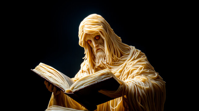Flying spaghetti monster in form of a human saint reading a book made of pasta. Black background