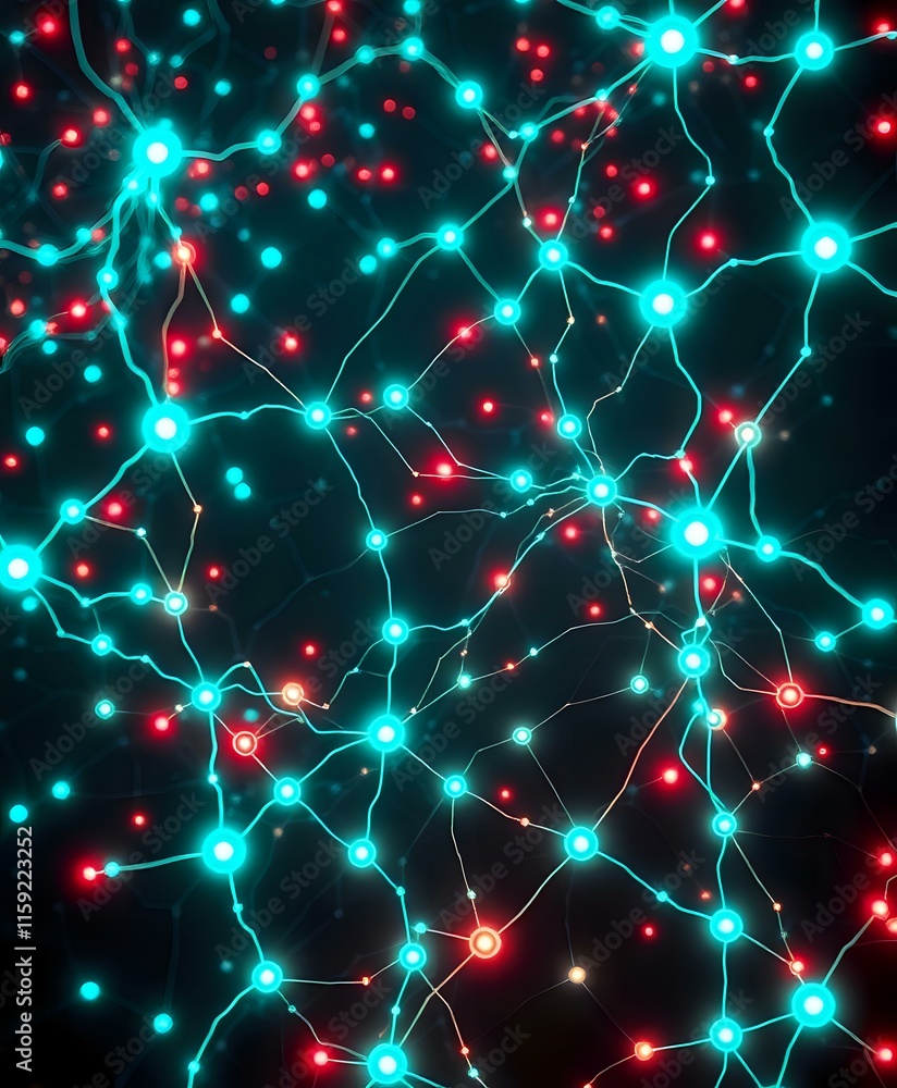 Poster neon network abstraction: bioluminescent nodes in darkness