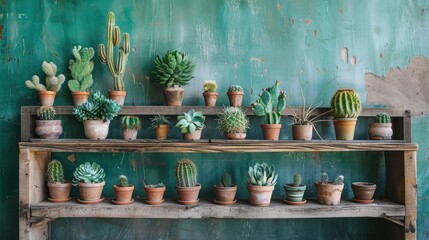 A creative arrangement of small cactus plants, displayed on a rustic shelf,