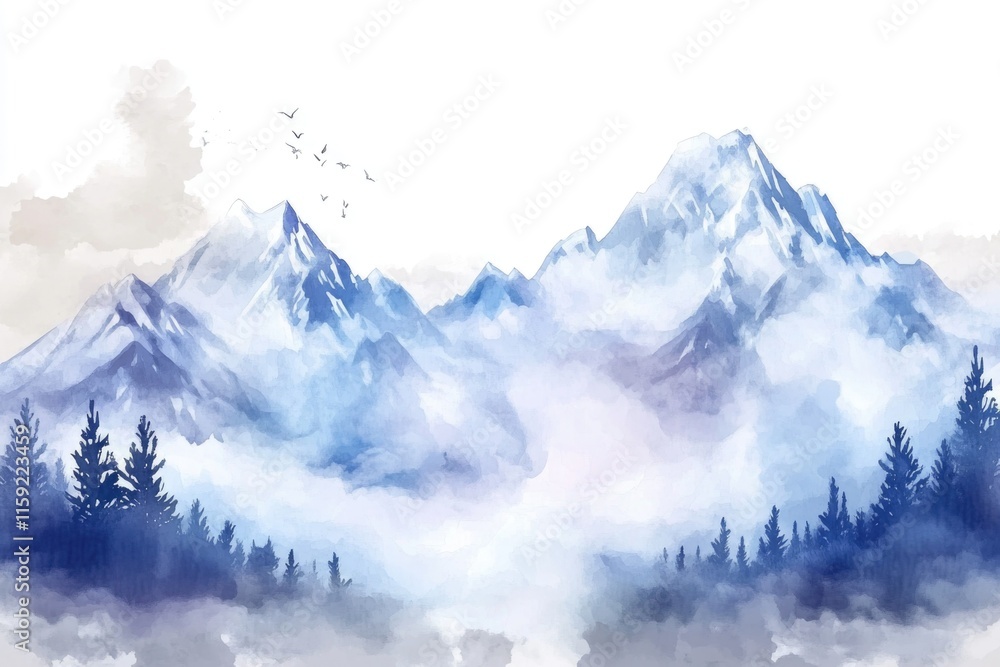 Poster a serene winter landscape featuring a snowy mountain range with rolling hills and misty fog