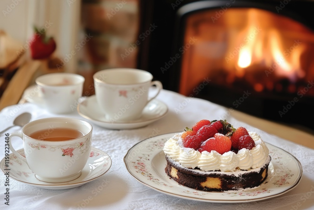 Poster a warm and inviting scene with a slice of cake and a cup of tea on a table