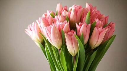 Fototapeta premium Beautiful Pink Tulip Bouquet with Green Leaves in a Simple Background Setting