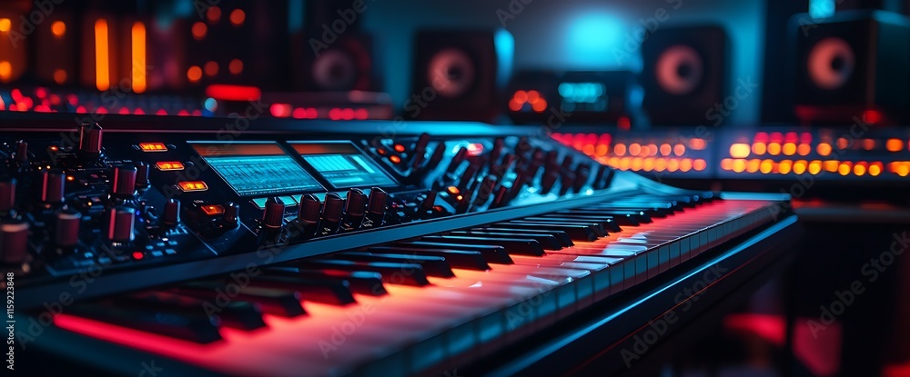 Aufkleber a vibrant synthesizer setup with glowing keys and studio monitors in the background.