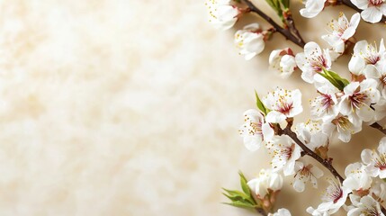 Fototapeta premium Beautiful White Cherry Blossom Branch on Soft Beige Background for Relaxing Atmosphere