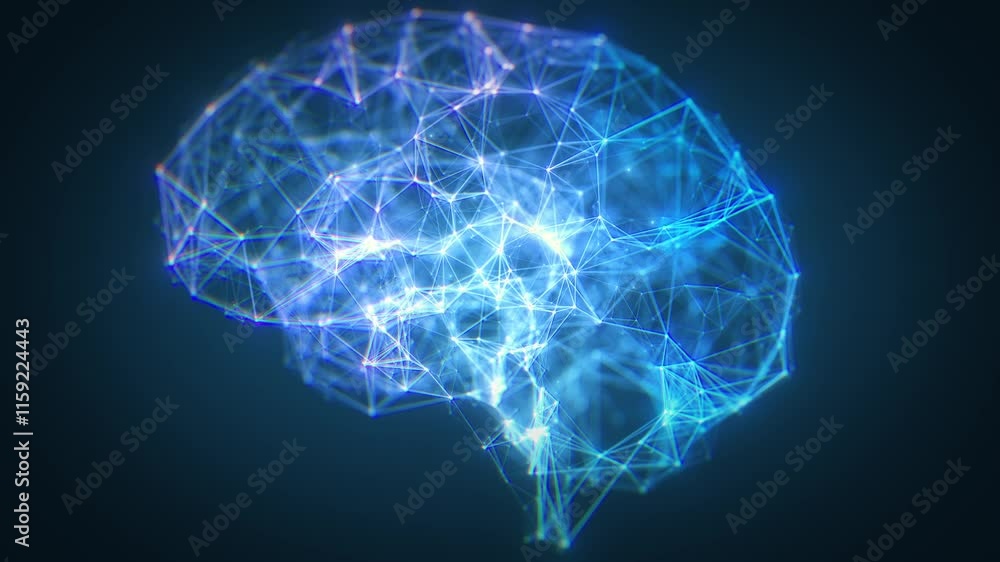 Poster digital neurons network background/ animation of brain neuronal network connections with flowing ver