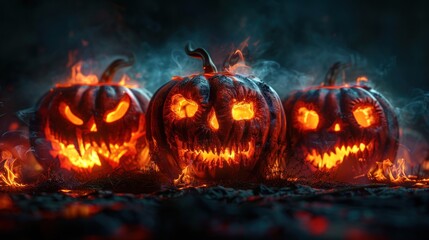 Halloween pumpkins with fire and smoke on a dark background.