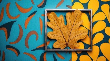 Oak leaves abstract background idea. A vibrant and artistic composition featuring a golden autumn leaf in a colorful frame.