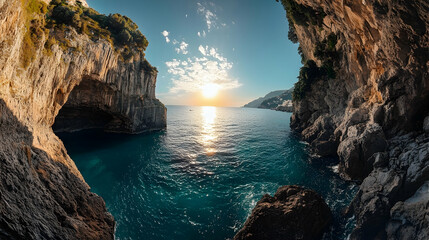 Adventure travel to the Amalfi Coast in Italy, Europe with colorful cliffsides and turquoise...