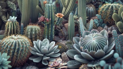 Obraz premium A detailed look at cactus and succulents, highlighting their diverse shapes and textures,