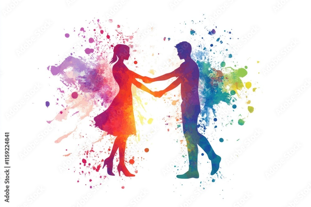 Poster a pair of lovers embracing, standing in front of a vibrant painted backdrop