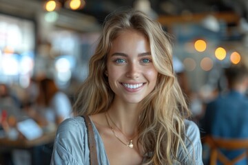 Obraz premium Portrait of young beautiful woman with blond hair in a cafe.