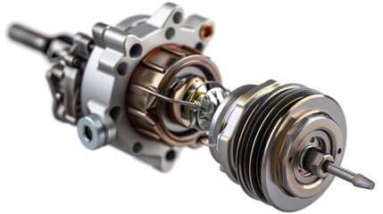 A detailed view of a starter motor, with focus on its mechanical and electrical components,