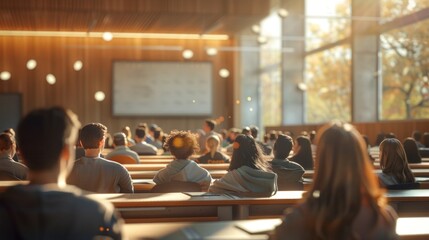 Rear view of unrecognizable people listening to lecture in conference hall