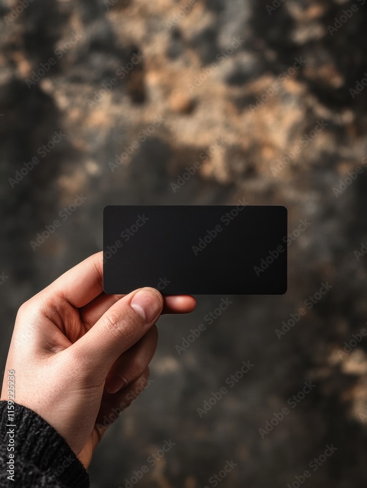 Aufkleber hand holding a sleek black gift card with a textured background and ample space for text or branding