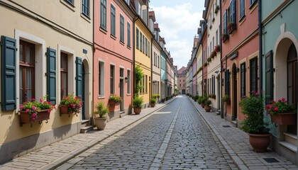 Obraz premium A quiet European cobblestone street lined with colorful buildings and flower boxes on the windowsills.