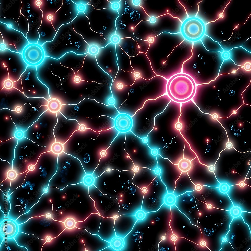 Poster neural network nebula: interconnected bioluminescent nodes in cybernetic art nouveau style