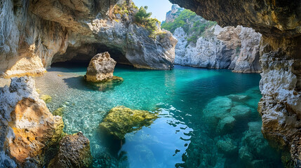Naklejka premium Adventure travel to the Amalfi Coast in Italy, Europe with colorful cliffsides and turquoise Mediterranean waters