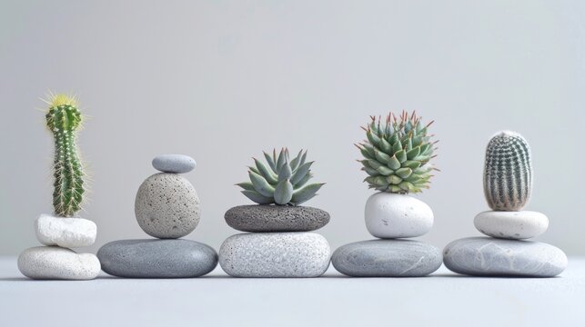 A dynamic composition of cactus with stones, arranged in a serene and minimalist design,