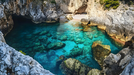 Fototapeta premium Adventure travel to the Amalfi Coast in Italy, Europe with colorful cliffsides and turquoise Mediterranean waters