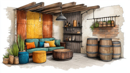 Wine Aging and Wine Tasting, Cozy rustic interior featuring a colorful sofa, wooden barrels, and vibrant decor elements creating a warm, inviting atmosphere.