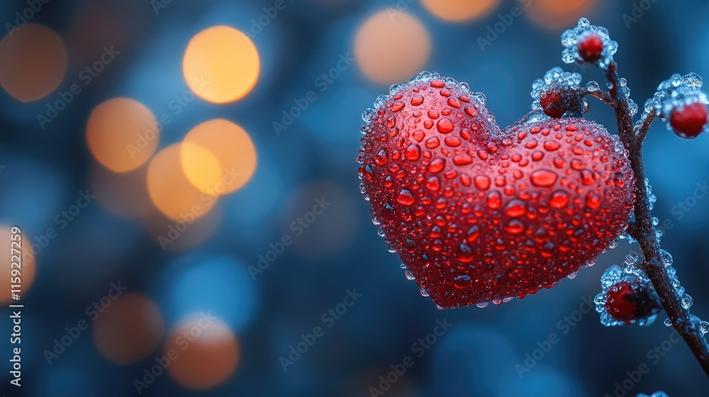 Poster a close-up shot of a bright red heart resting on a natural tree branch
