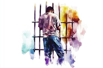 A person sitting in a prison cell, surrounded by bars and walls
