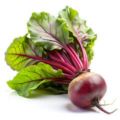 Whole Beetroot with Earthy Skin and Leafy Greens Isolated on White