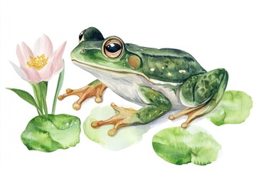 Fototapeta premium A watercolor illustration of a frog sitting near a colorful flower