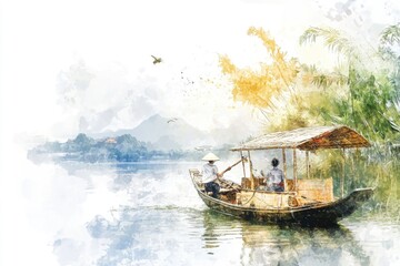 A couple relaxing in a boat on a peaceful lake scene