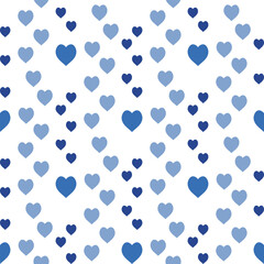 Seamless pattern with magic light and dark blue hearts on white background. Vector image.
