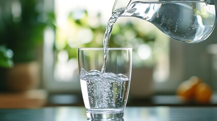 6. A transparent drinking glass being filled with water from a pouring jug in a bright kitchen