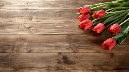 Elegant Red Tulips on Rustic Wooden Surface for Spring or Romantic Decoration