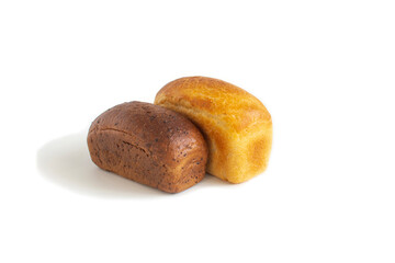 Two rolls of wheat and rye flour bread in close-up on a white background, isolated