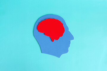 The silhouette of a human head with an inverted brain highlighted in red. Intelligence, quick wit, uniqueness, mixing