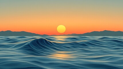Obraz premium Serene ocean sunset with gentle waves and distant mountains.