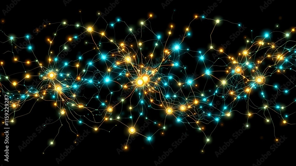 Poster glowing cybernetic art nouveau data visualization - intricate interconnected nodes