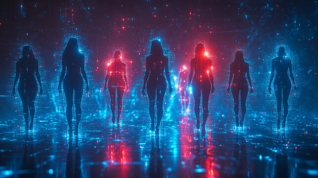 Futuristic digital silhouettes of diverse professionals against glowing neon backdrop for teamwork and corporate connection themes