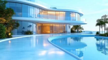 Modern architectural design featuring a sleek poolside view of a contemporary home.