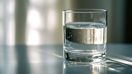 1. A crystal-clear drinking glass filled with water, placed on a reflective surface with soft natural light streaming in