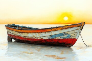 Fototapeta premium A peaceful scene with a sailboat gliding through the still water at sunset, perfect for use as a background or for representing a serene atmosphere