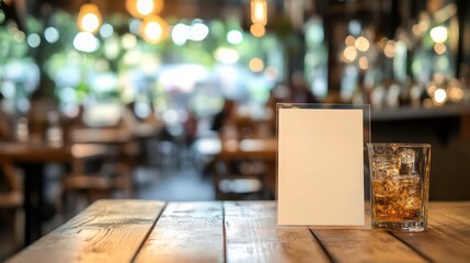 Mock up Label the blank menu frame in Bar restaurant ,Stand for booklets with white sheets paper acrylic tent card on wooden table cafeteria blurred background can inserting the text of the customer.