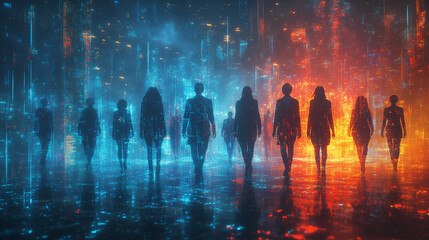 Futuristic digital silhouettes of diverse professionals against glowing neon backdrop for teamwork and corporate connection themes