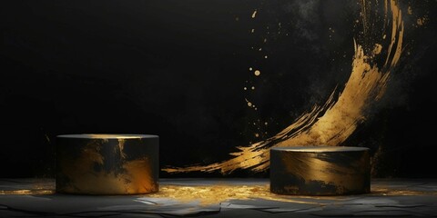 黒背景に筆跡イメージの金色装飾がある二つの丸い展示台がある抽象和風横長バナー