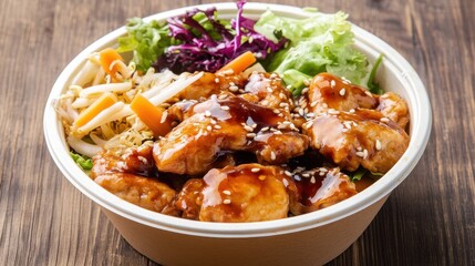 Fototapeta premium A delicious bowl of chicken topped with a savory sauce, served with a variety of fresh vegetables on a wooden surface.