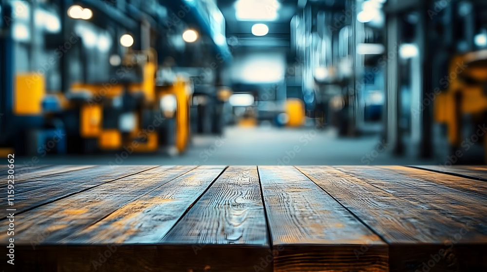 Poster a close-up shot of an empty wooden table with a blurred industrial workshop factory in the backgroun