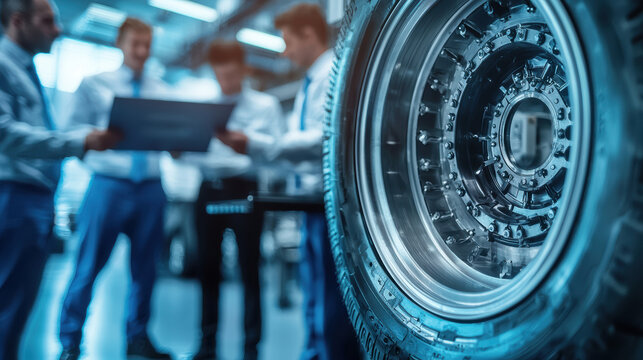 Close up of tire with engineers discussing in background, showcasing teamwork and innovation in automotive design