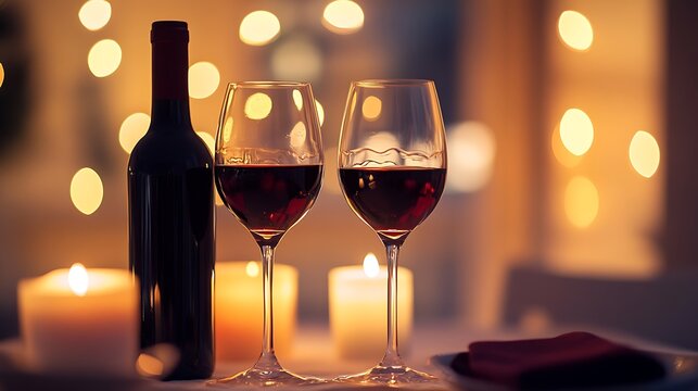 3. A wine bottle and two glasses of red wine set on a candle-lit dinner table with a blurred romantic background