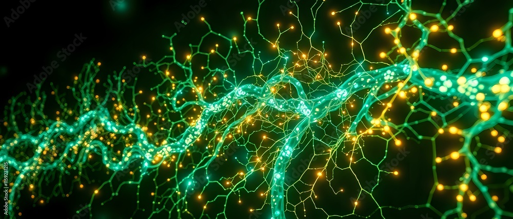 Poster dynamic bioluminescent neural network: art nouveau inspired motion