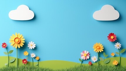 Fototapeta premium Bright Paper Flowers with Clouds and Blue Sky on Green Grass Background
