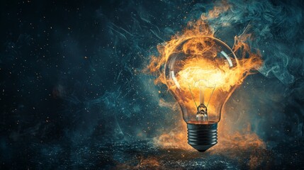 Glowing light bulb with fiery smoke in a cosmic scene